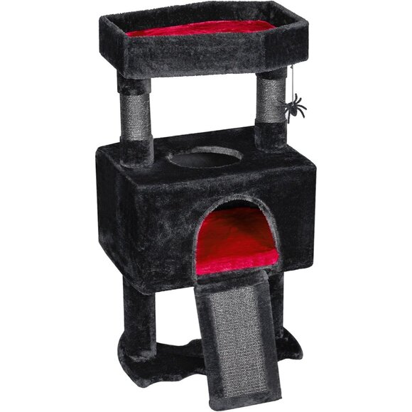 Gothic Cat Tree with Coffin Bed, Condo, Scratching Post & Spider Toy for Cats - Picture 8 of 9